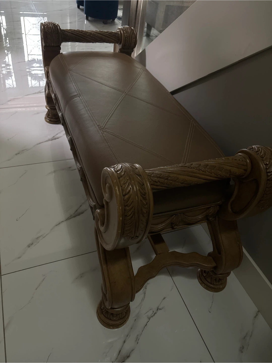Brown Leather Bench with Wood Frame