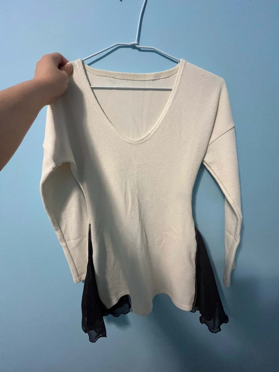 White Knit Top with Black Chiffon Detail
