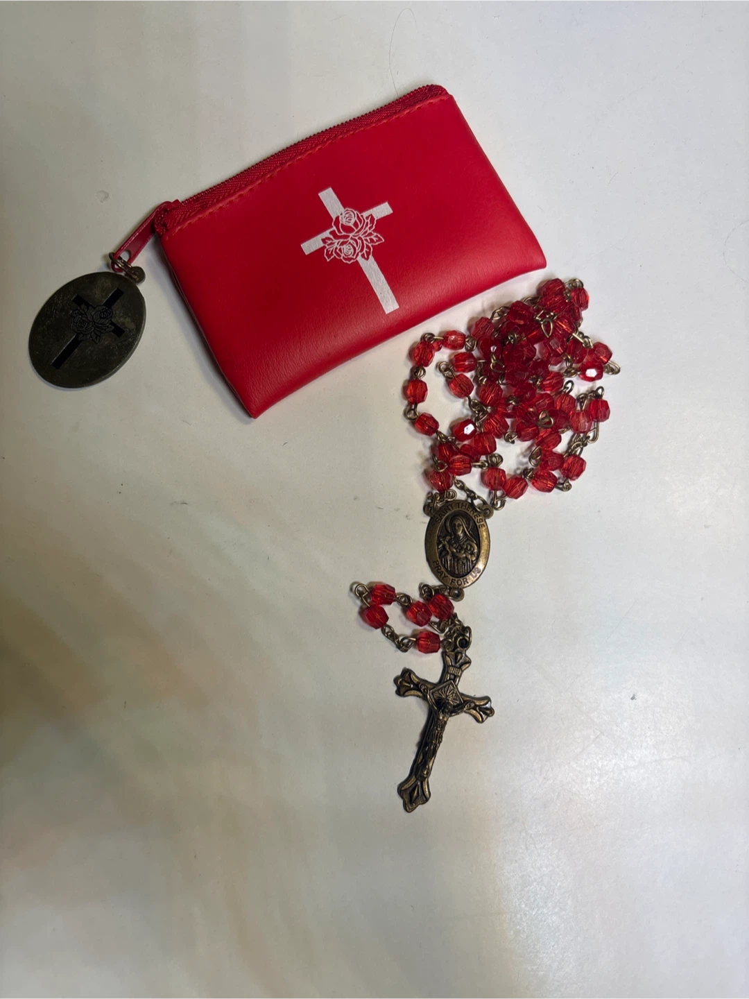 Red Beaded Rosary with Saint Therese Medal