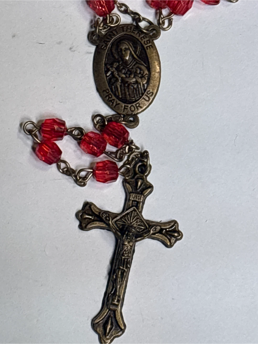 Red Beaded Rosary with Saint Therese Medal - photo 2