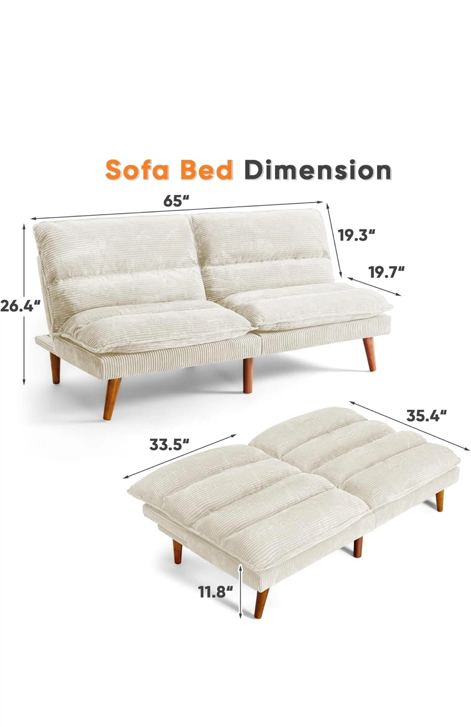 Convertible Corduroy Sofa Bed - Beige - photo 3