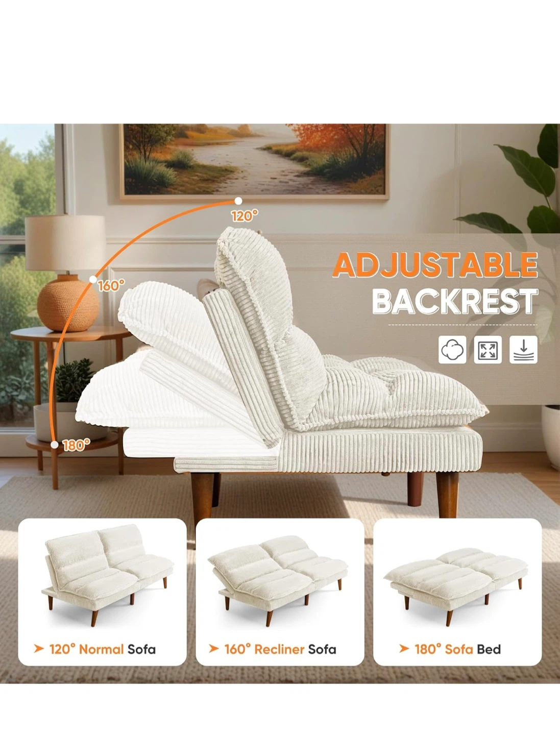 Convertible Corduroy Sofa Bed - Beige - photo 4