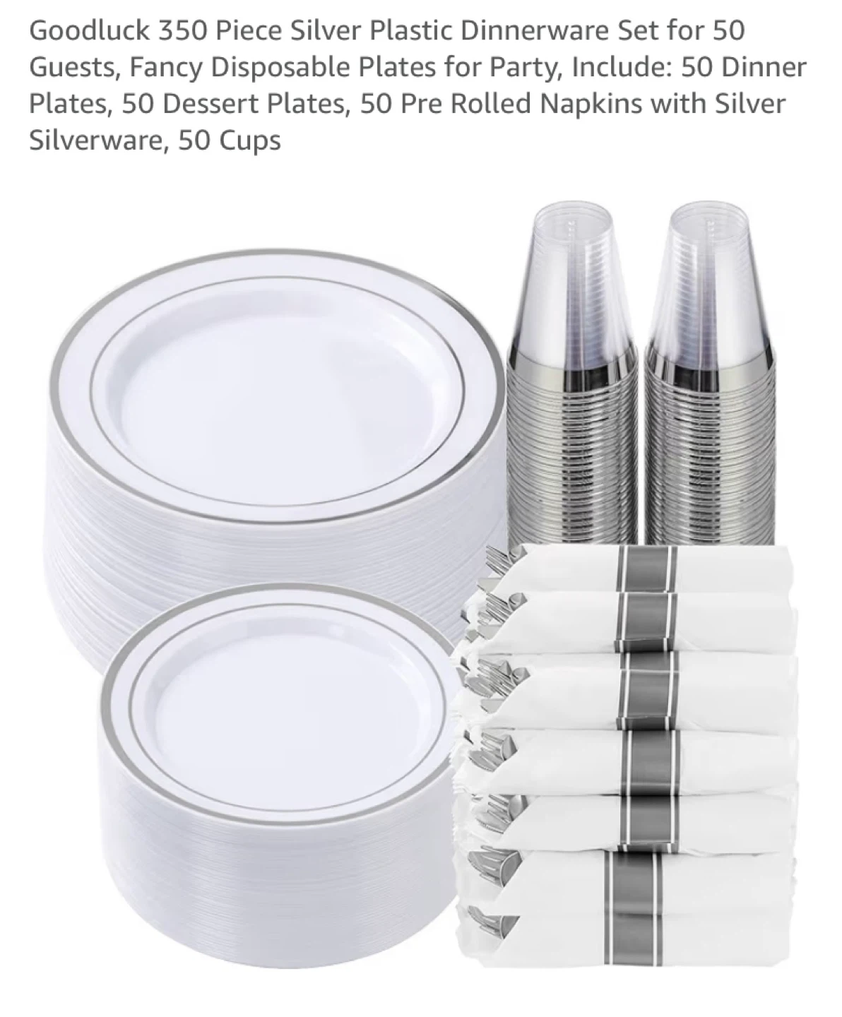 New 350 Piece Silver Plastic Dinnerware Set for 50 Guests