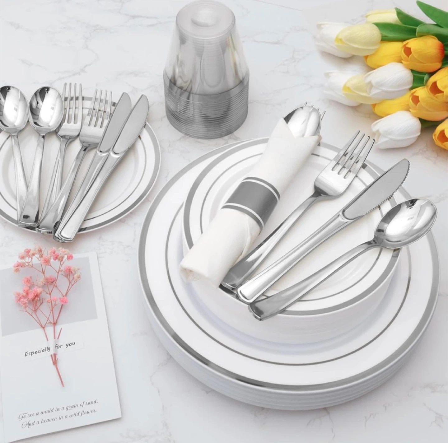 New 350 Piece Silver Plastic Dinnerware Set for 50 Guests - photo 4