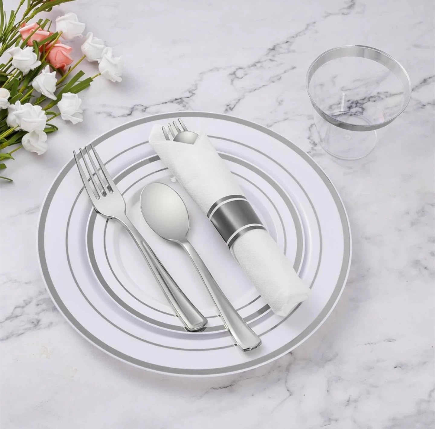 New 350 Piece Silver Plastic Dinnerware Set for 50 Guests - photo 2