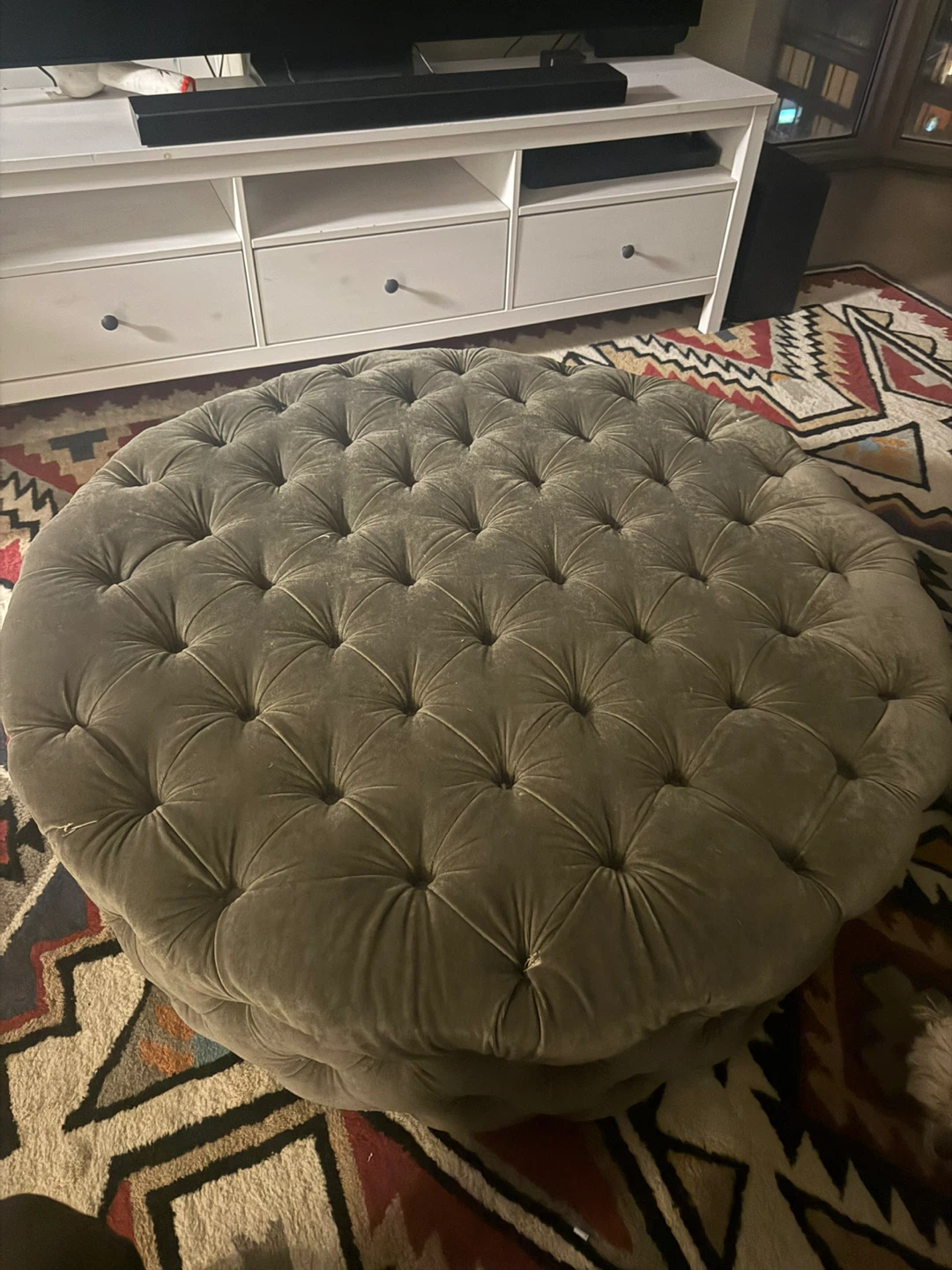Round Tufted Ottoman - Olive Green