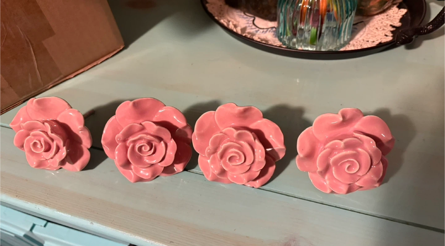 Pink rose ceramic drawer pull, set of 4