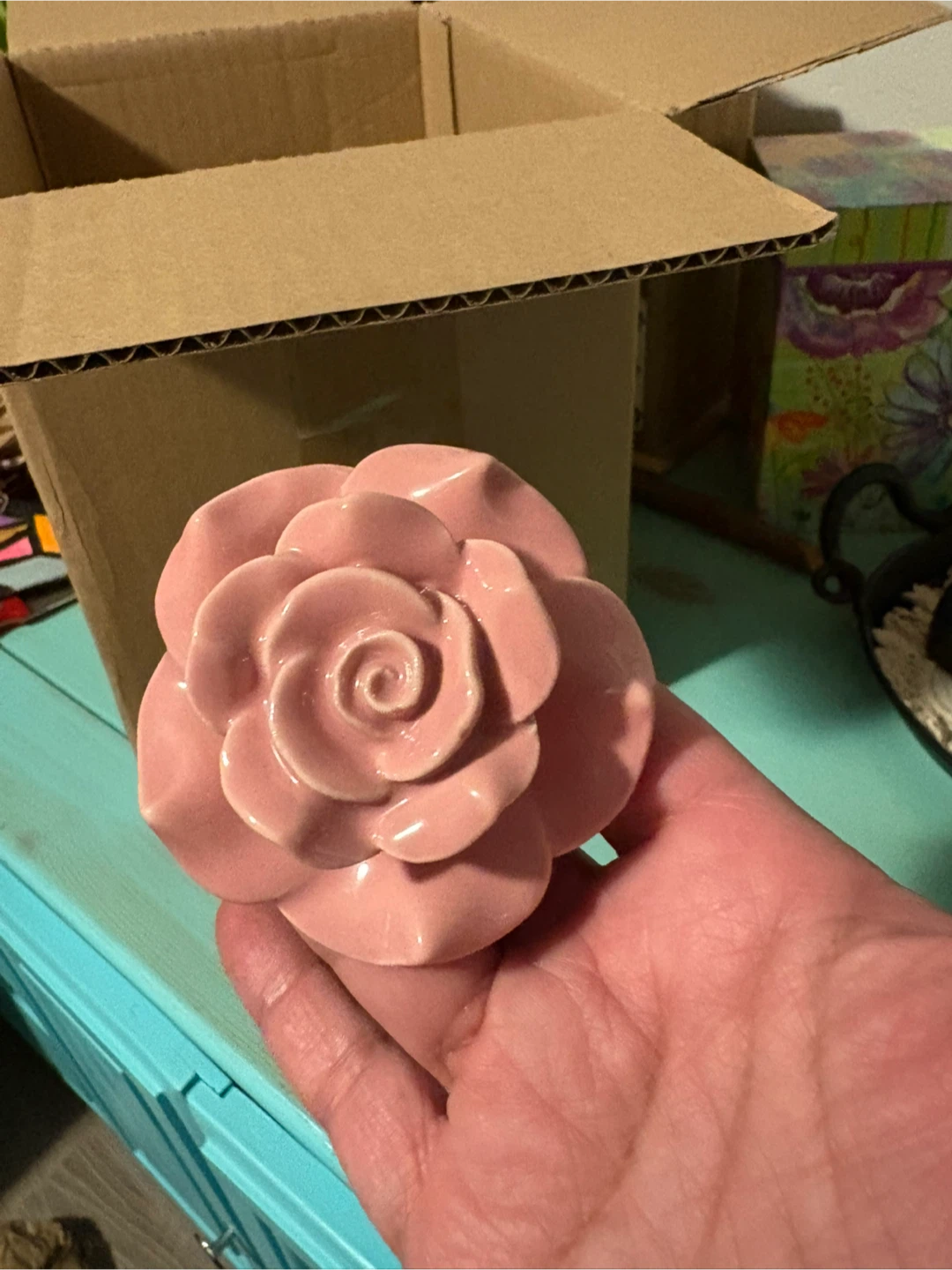 Pink rose ceramic drawer pull, set of 4 - photo 2