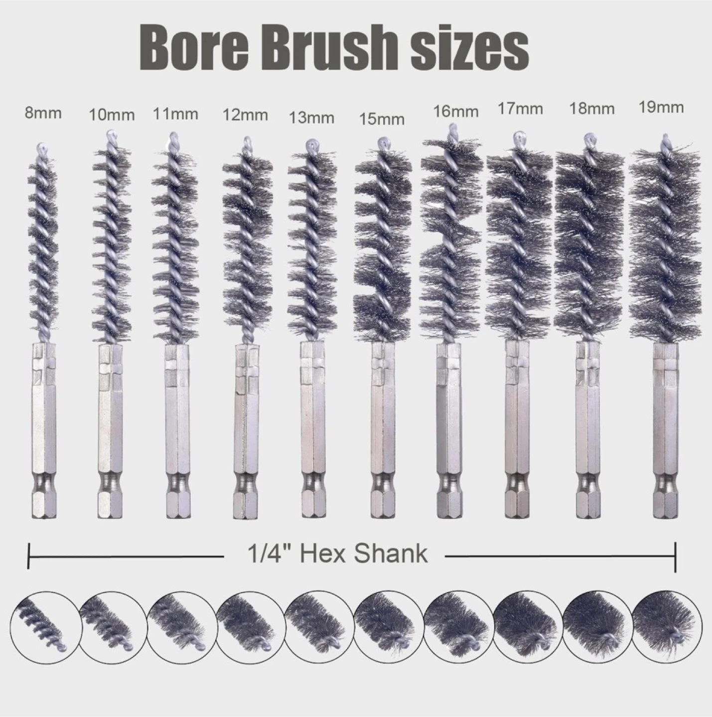 Stainless Steel Bore Brush Set with 1/4" Hex Shank - photo 3