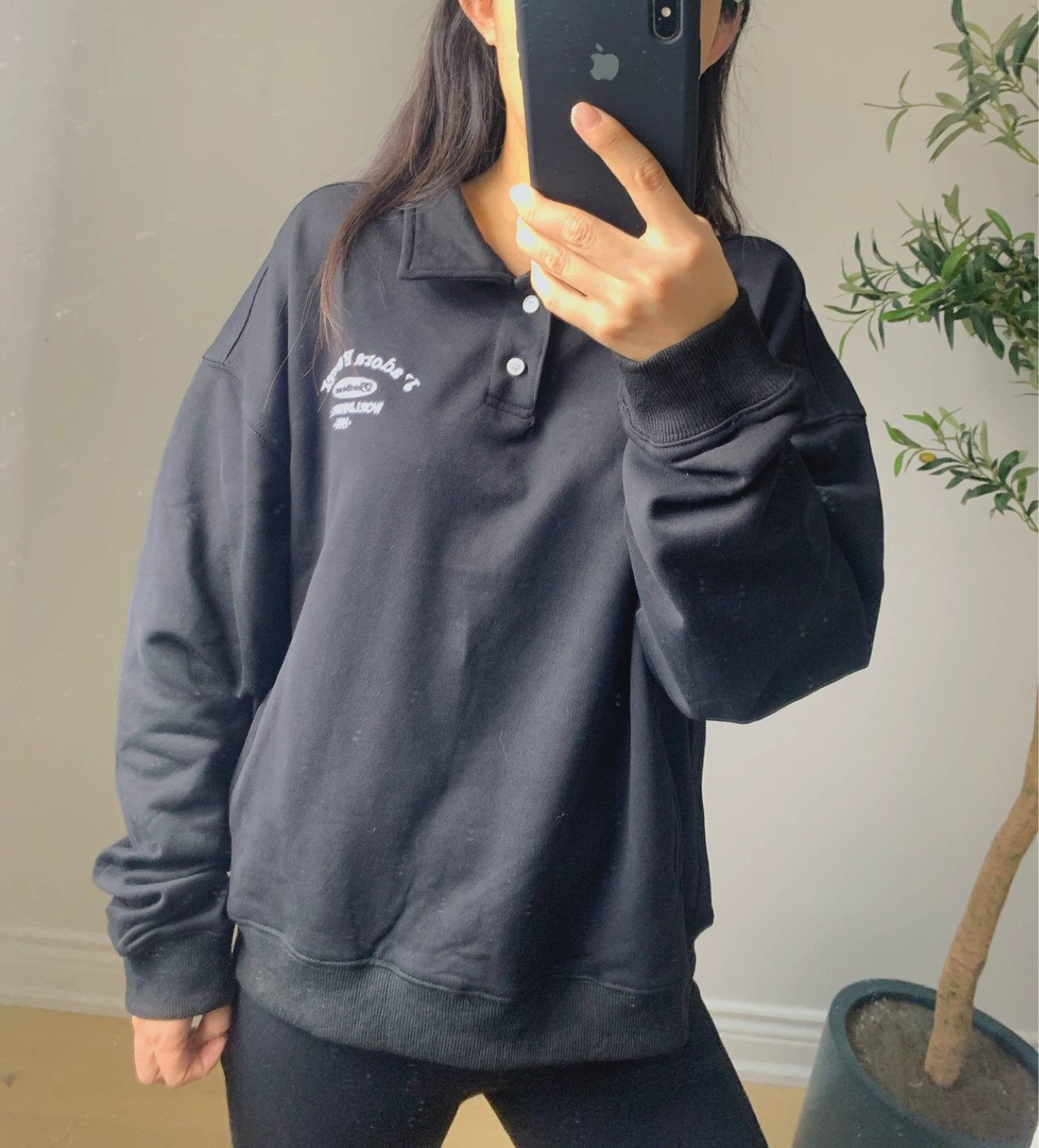 Black Polo Style Sweatshirt Oversized New