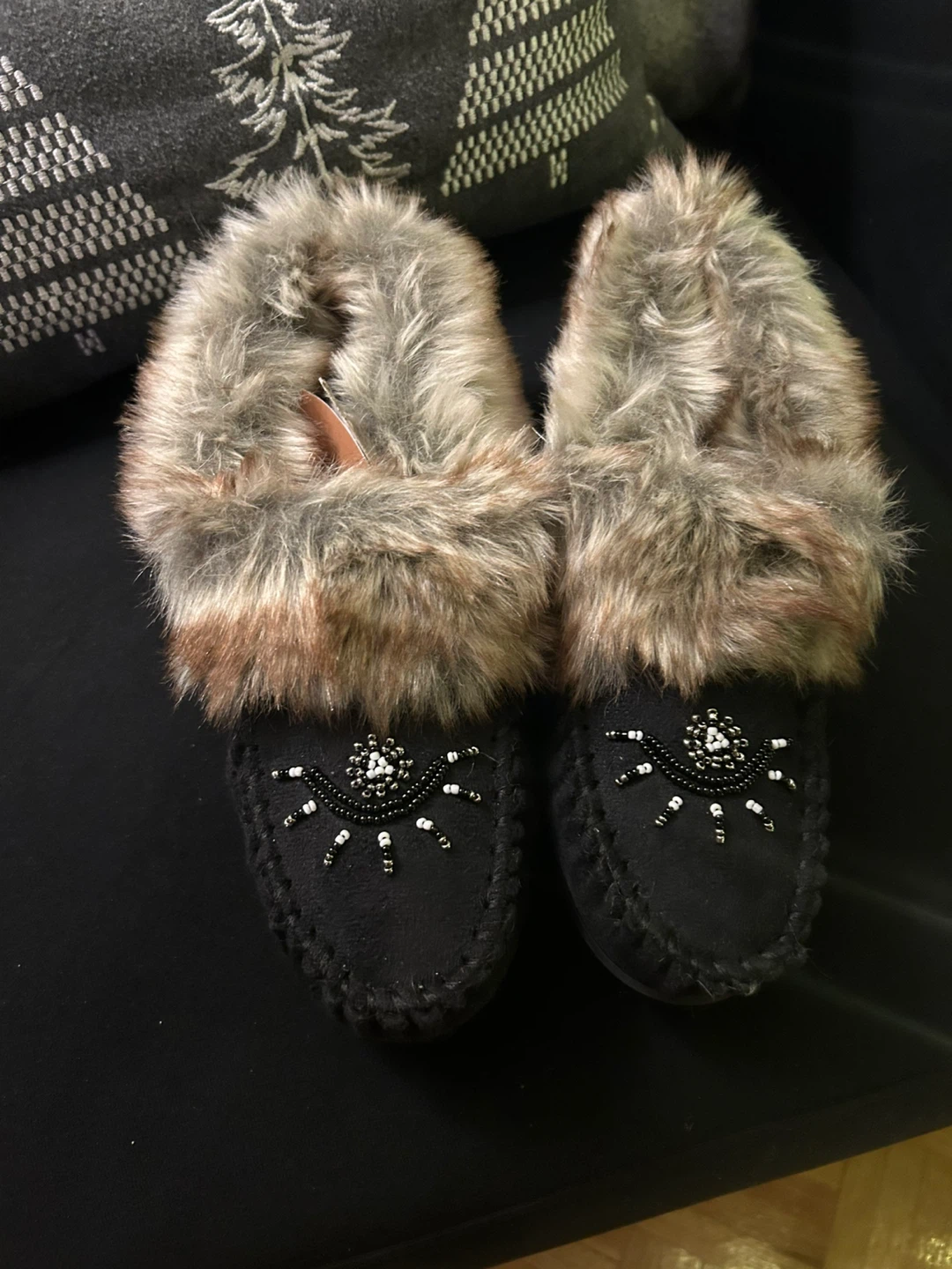 Black Moccasin Slippers with Fur Trim