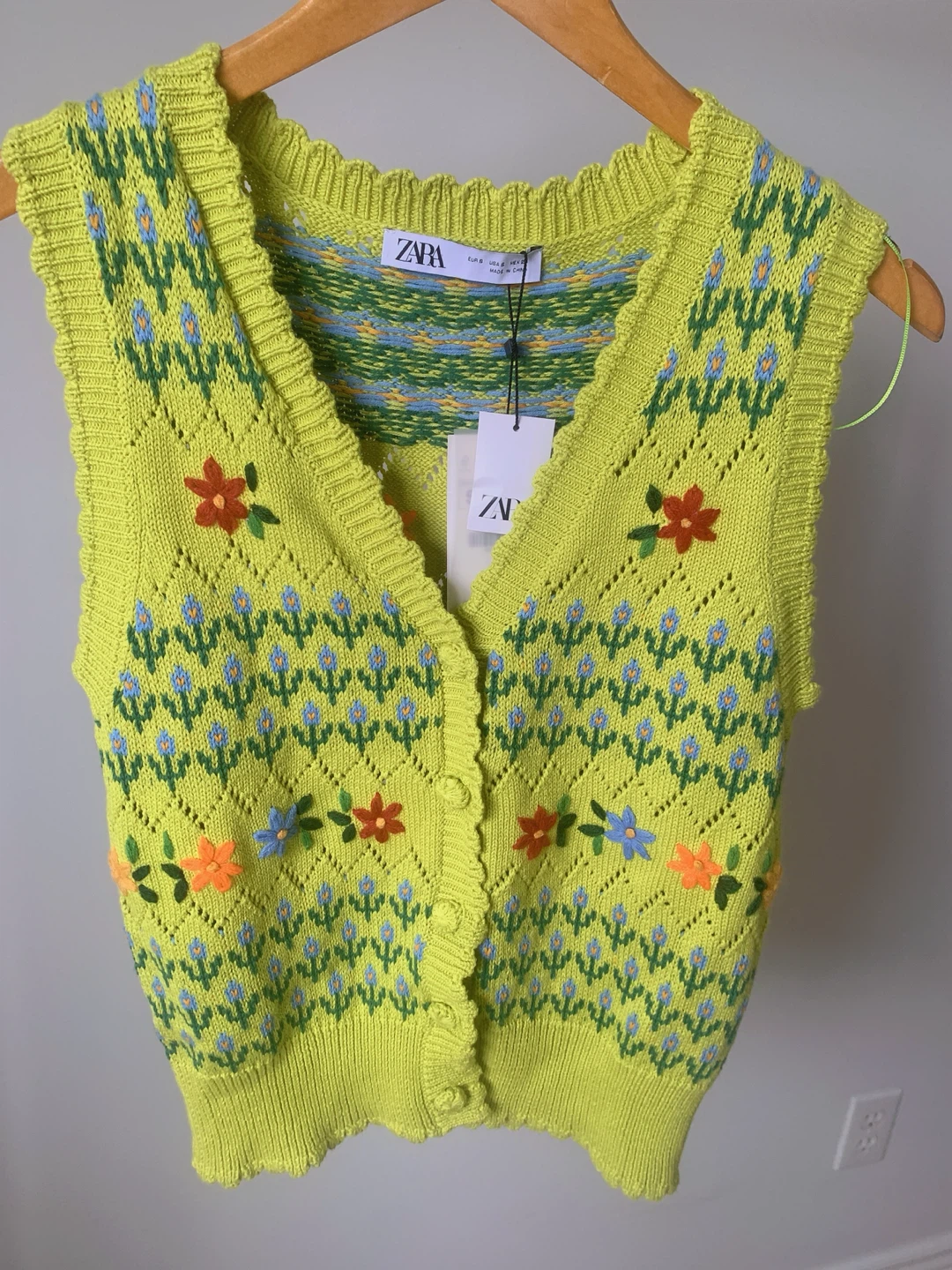 ZARA Lime Green Knit Vest Floral Embroidery New