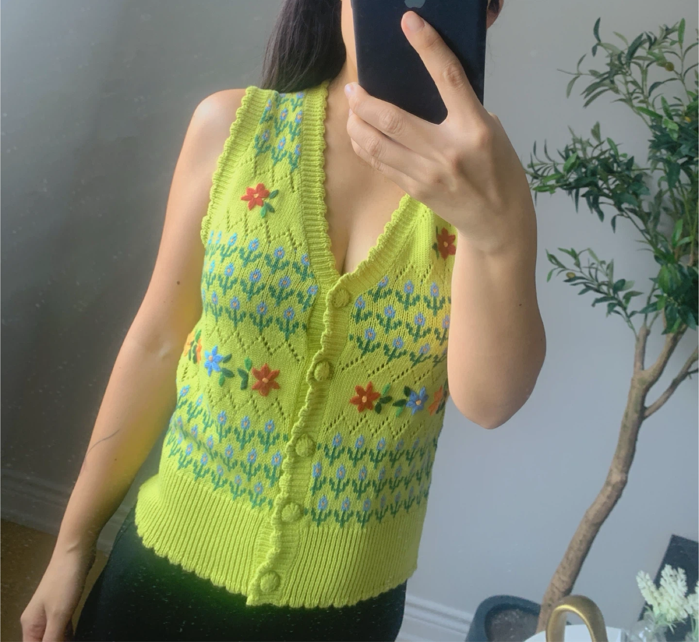 ZARA Lime Green Knit Vest Floral Embroidery New - photo 2