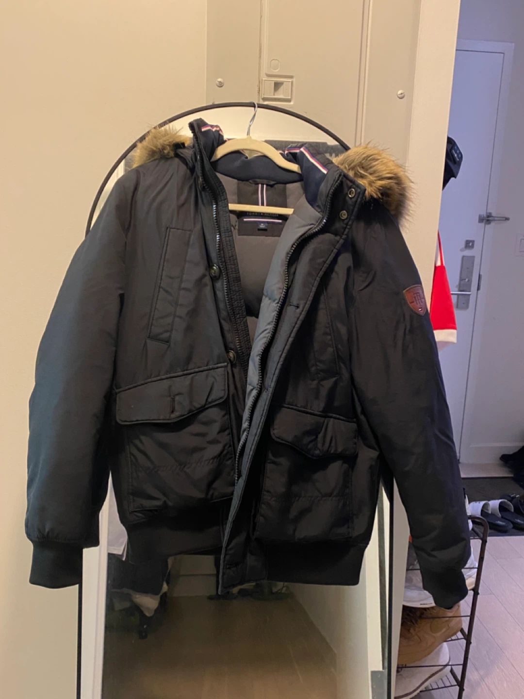 Tommy Hilfiger Black Fur Hooded Bomber Jacket - M