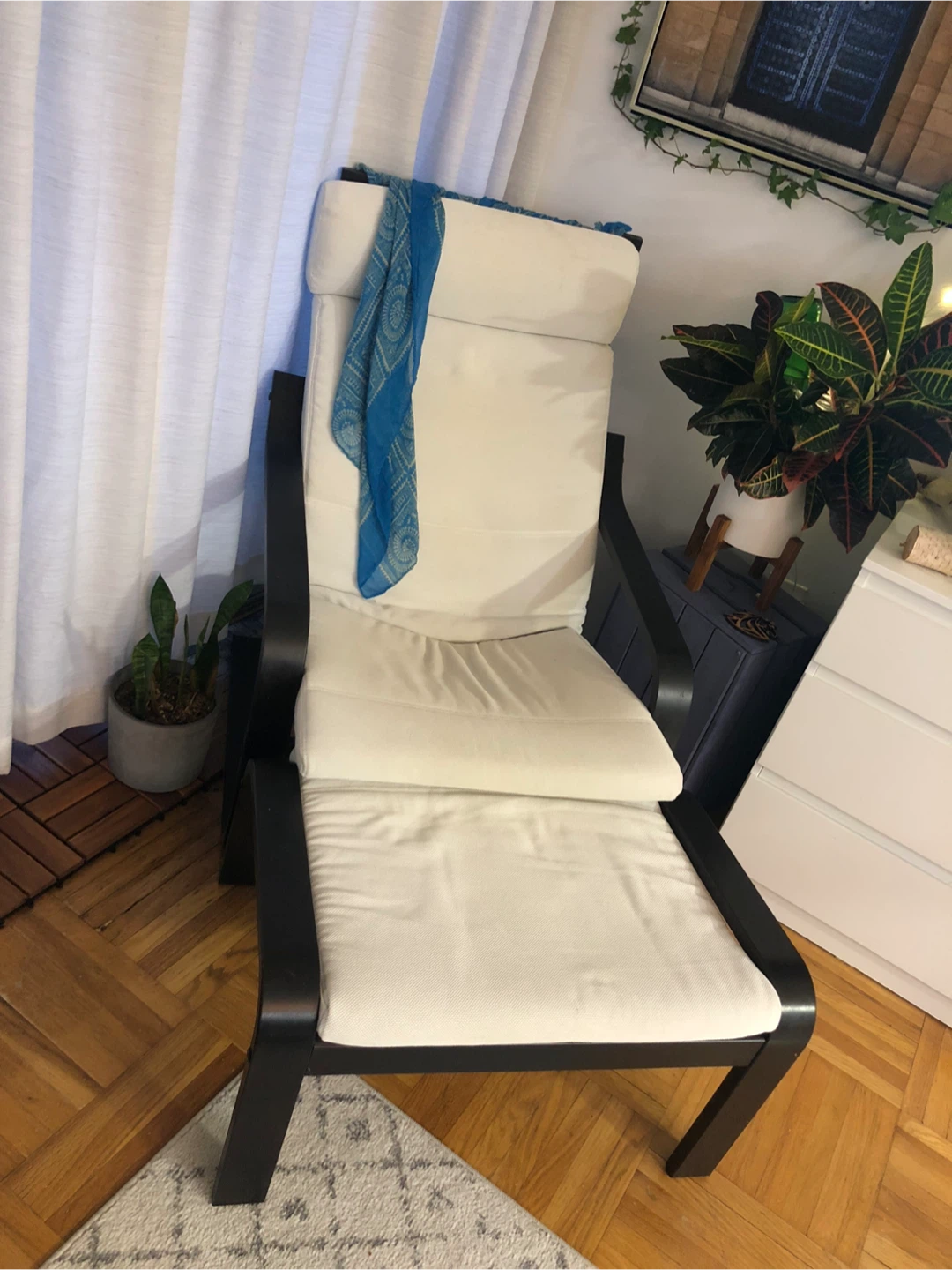 IKEA Poang Chair with Footstool - Dark brown/Off-White