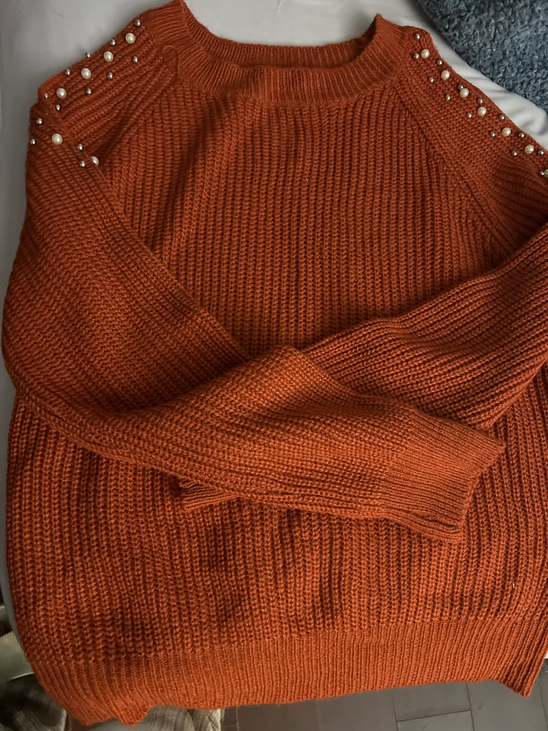 Rust-Coloured Knit Sweater with Pearl Detail