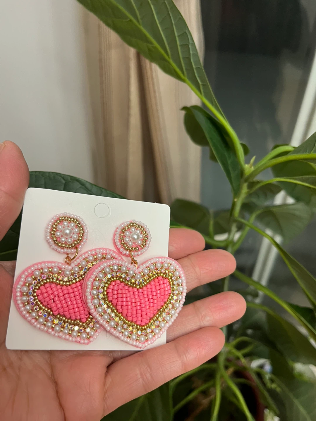 Heart Beaded Earrings - Pink