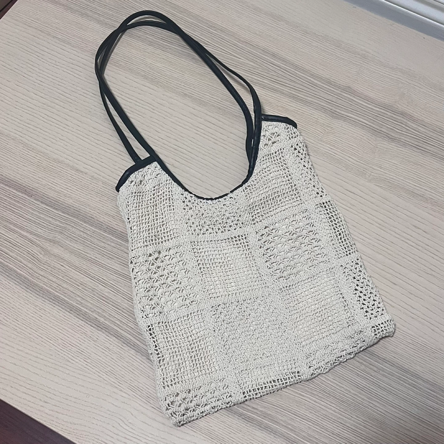 Crochet Tote Bag with Black Straps
