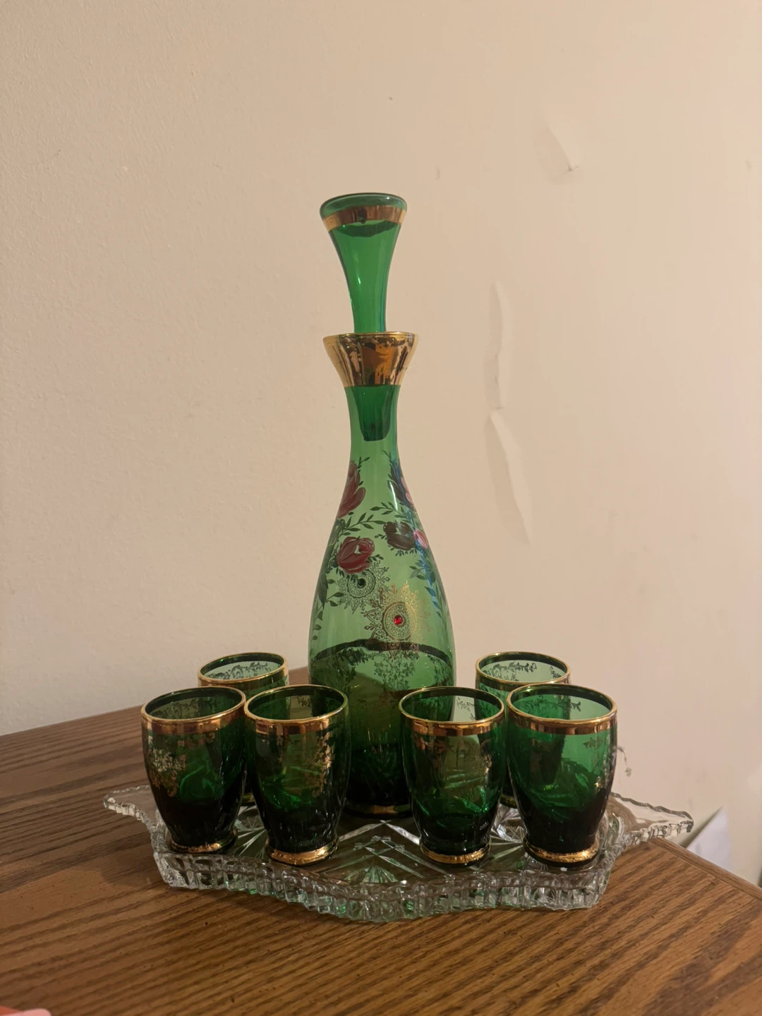 Green Glass Decanter Set with Gold Trim