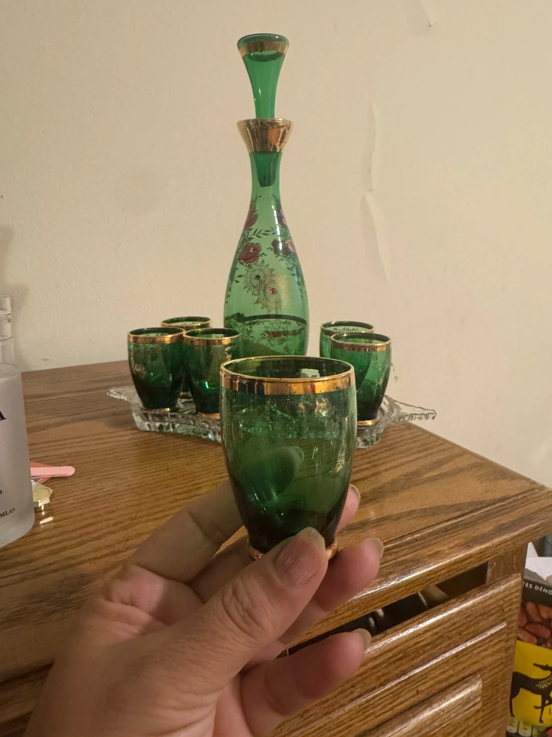 Green Glass Decanter Set with Gold Trim - photo 2