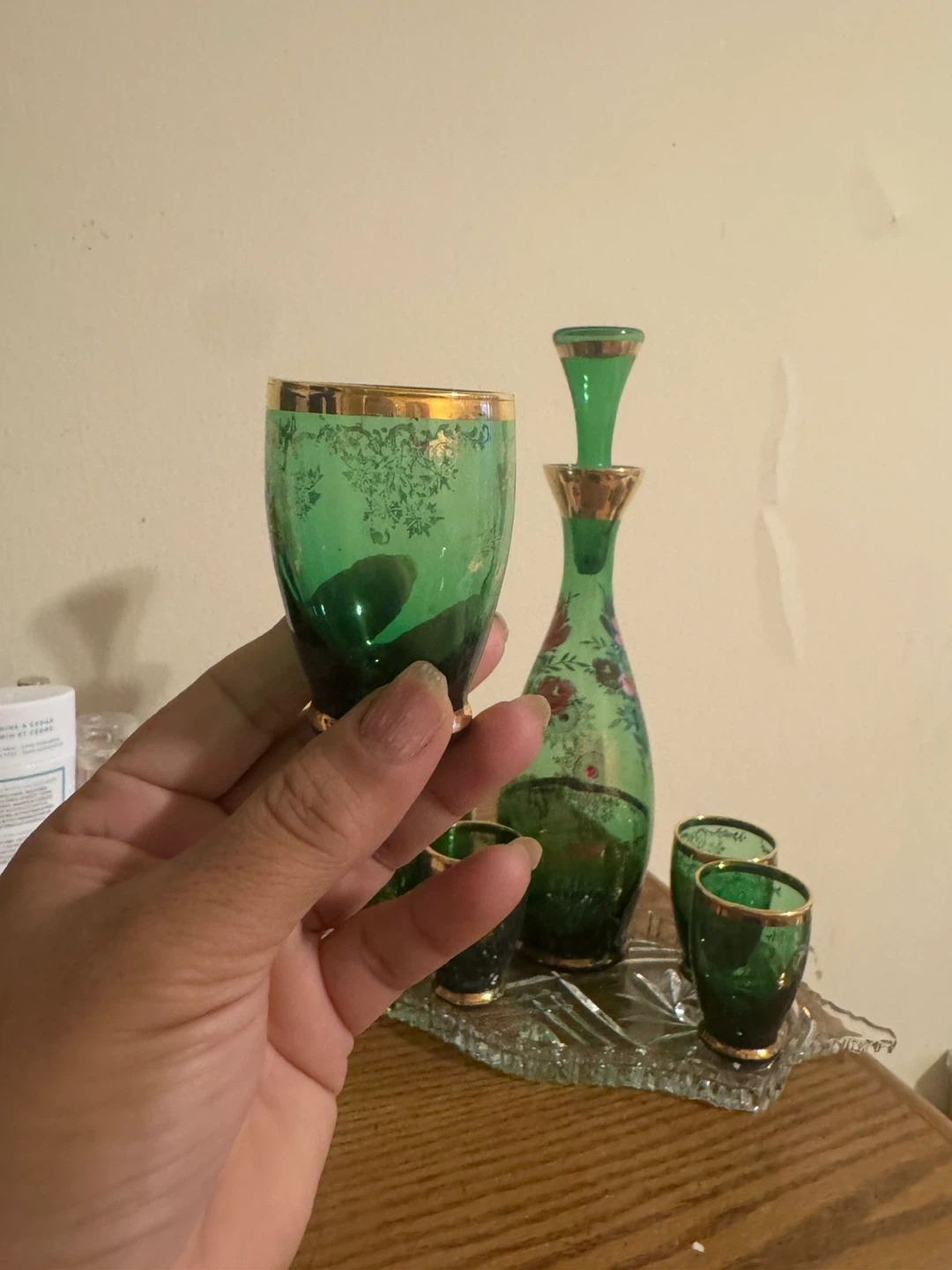 Green Glass Decanter Set with Gold Trim - photo 3