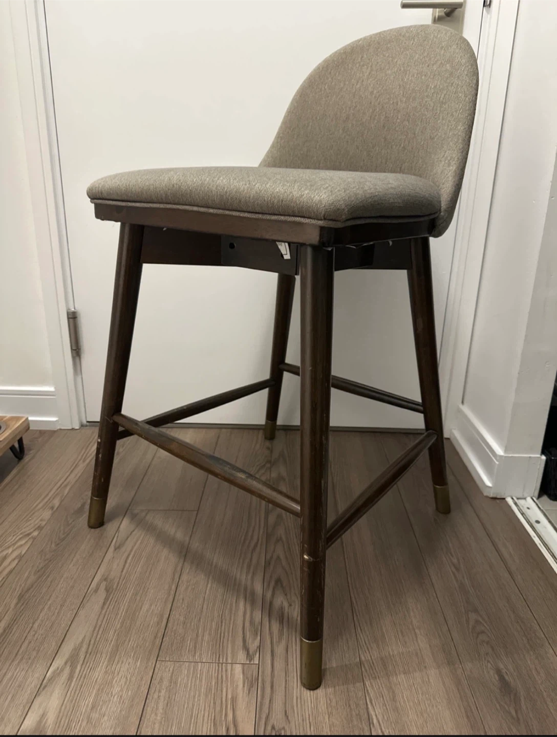 4 Counter Height Stools - Grey Fabric, Wooden Legs - photo 2