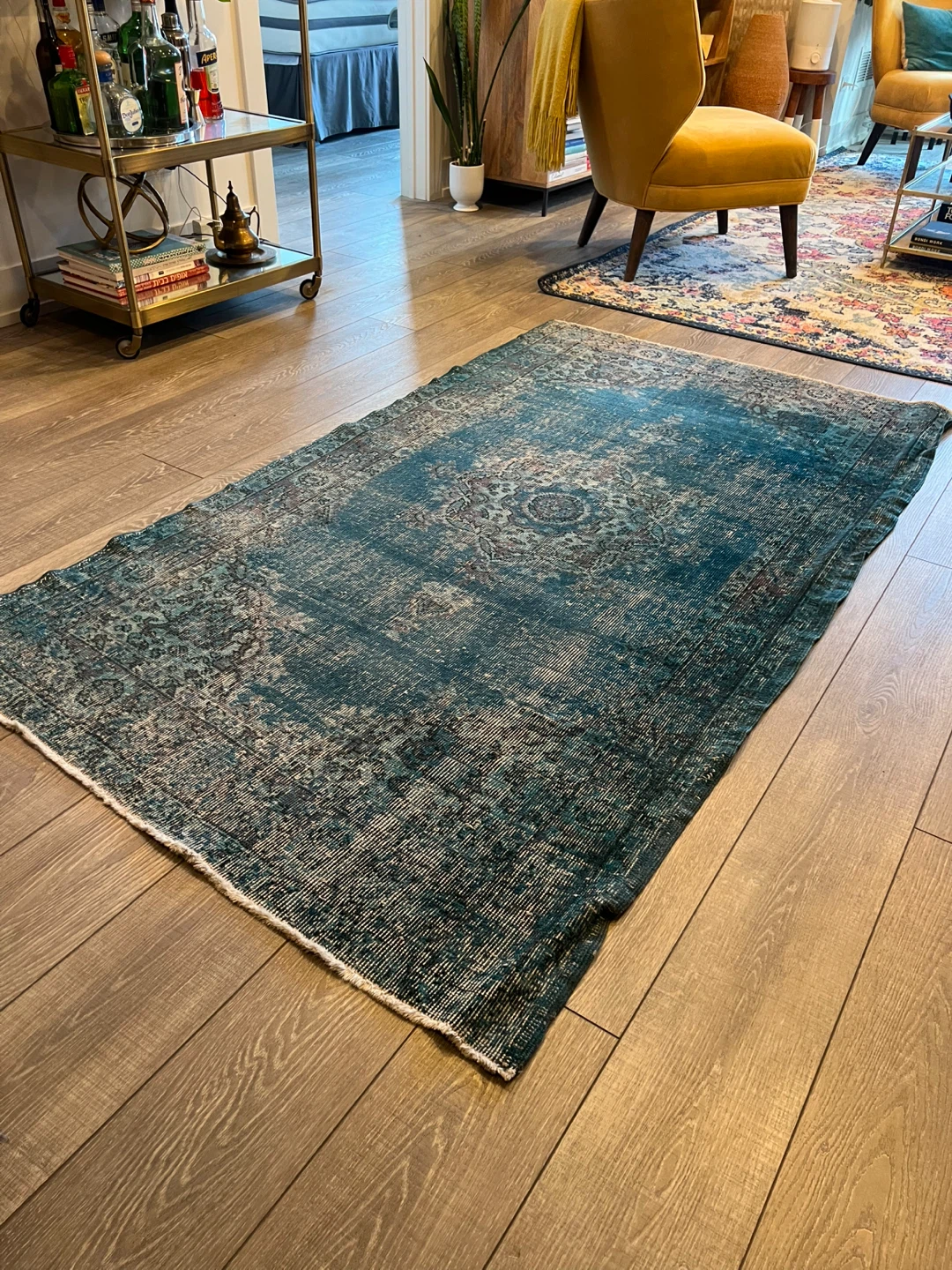 Teal-Blue Turkish Vintage Over-Dyed Area Rug