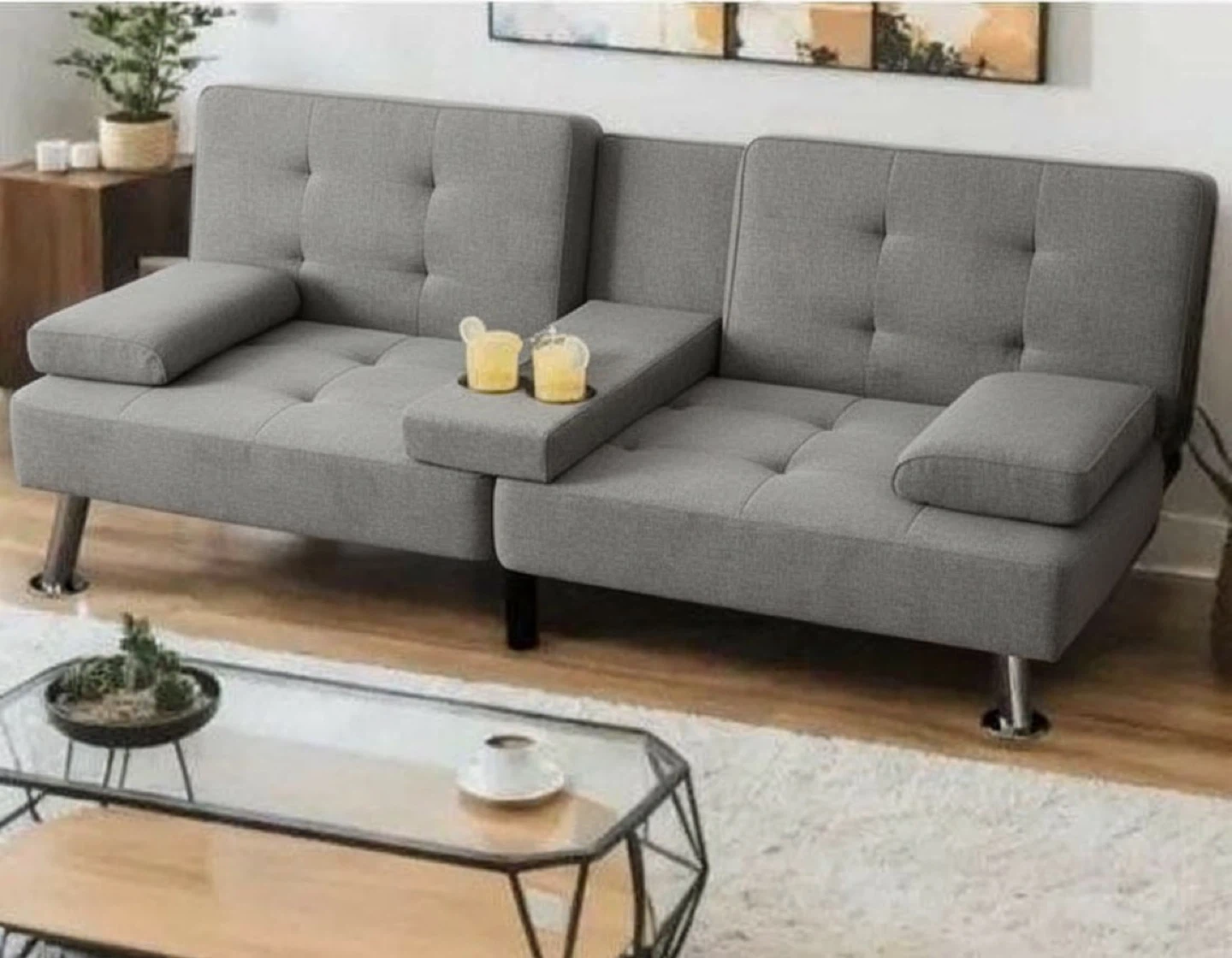 Grey Futon Sofa Bed with Cup Holders