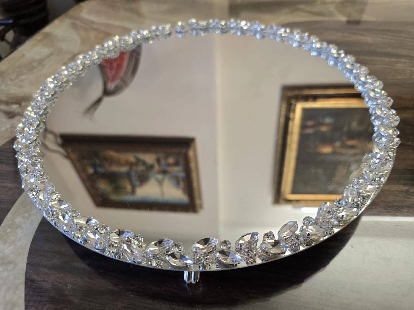 Round mirror tray with silver glass crystal rhinestone trim