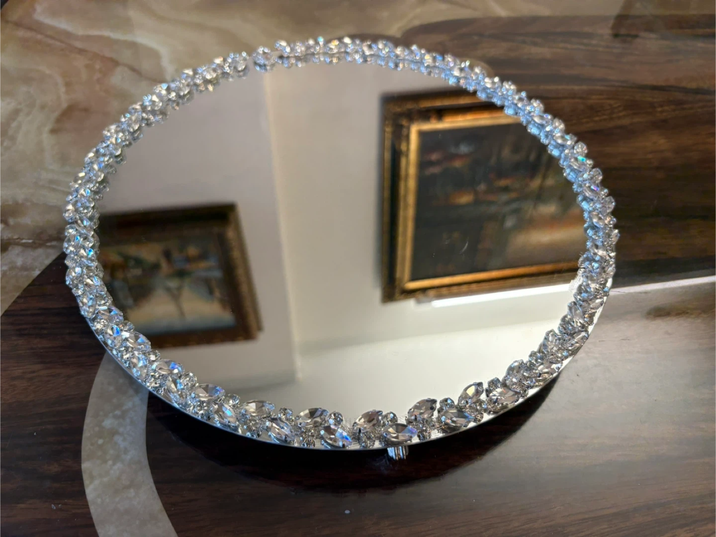 Round mirror tray with silver glass crystal rhinestone trim - photo 3
