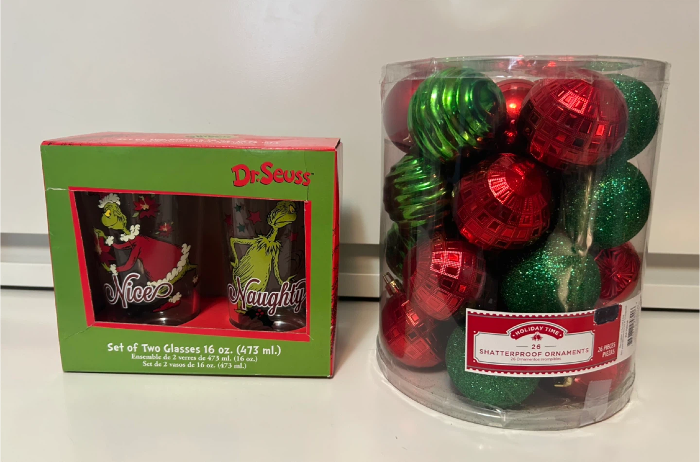 Dr. Seuss Grinch Glasses & Holiday Time Ornaments