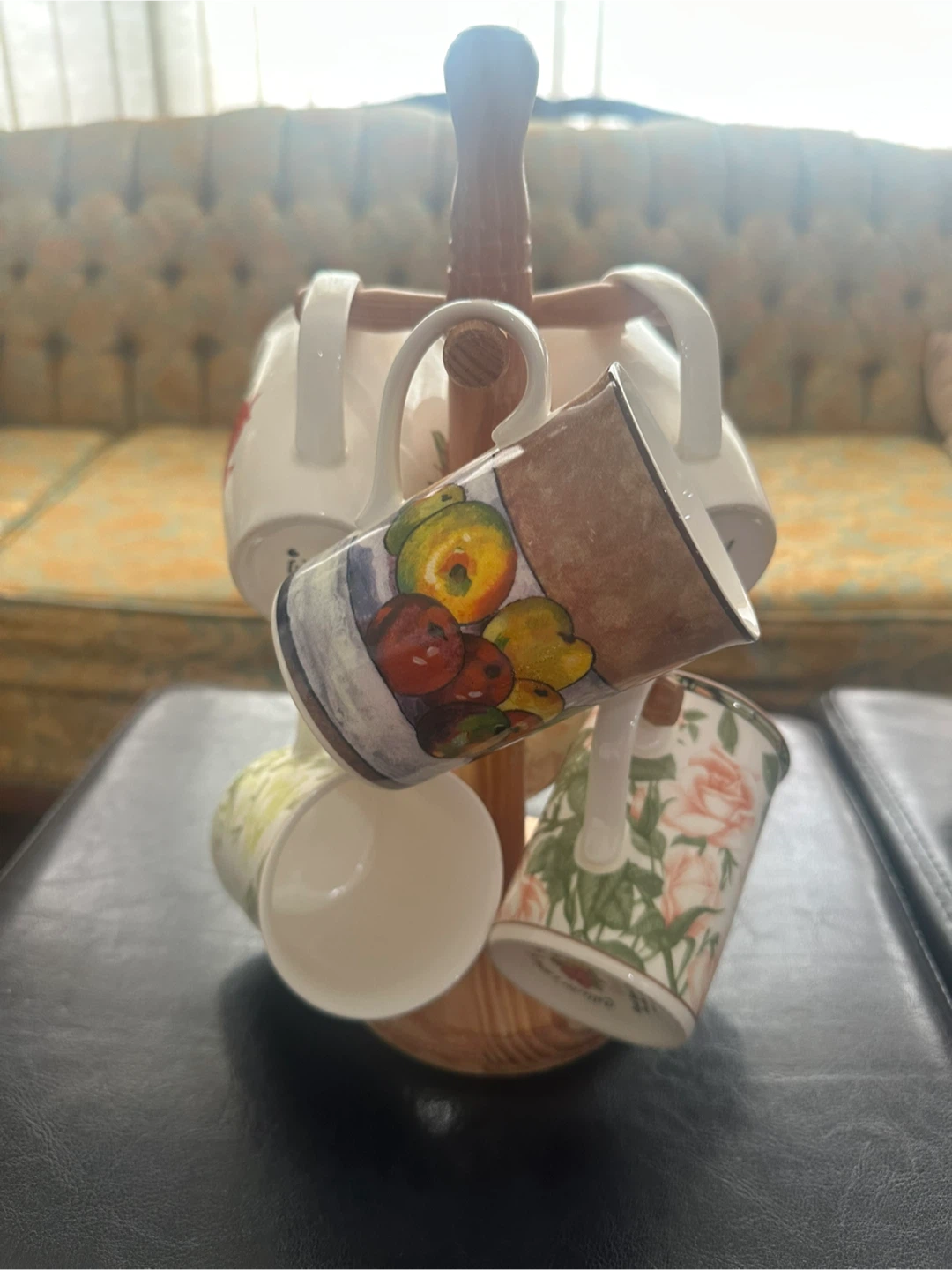 Vintage Floral Mugs with Wooden Stand