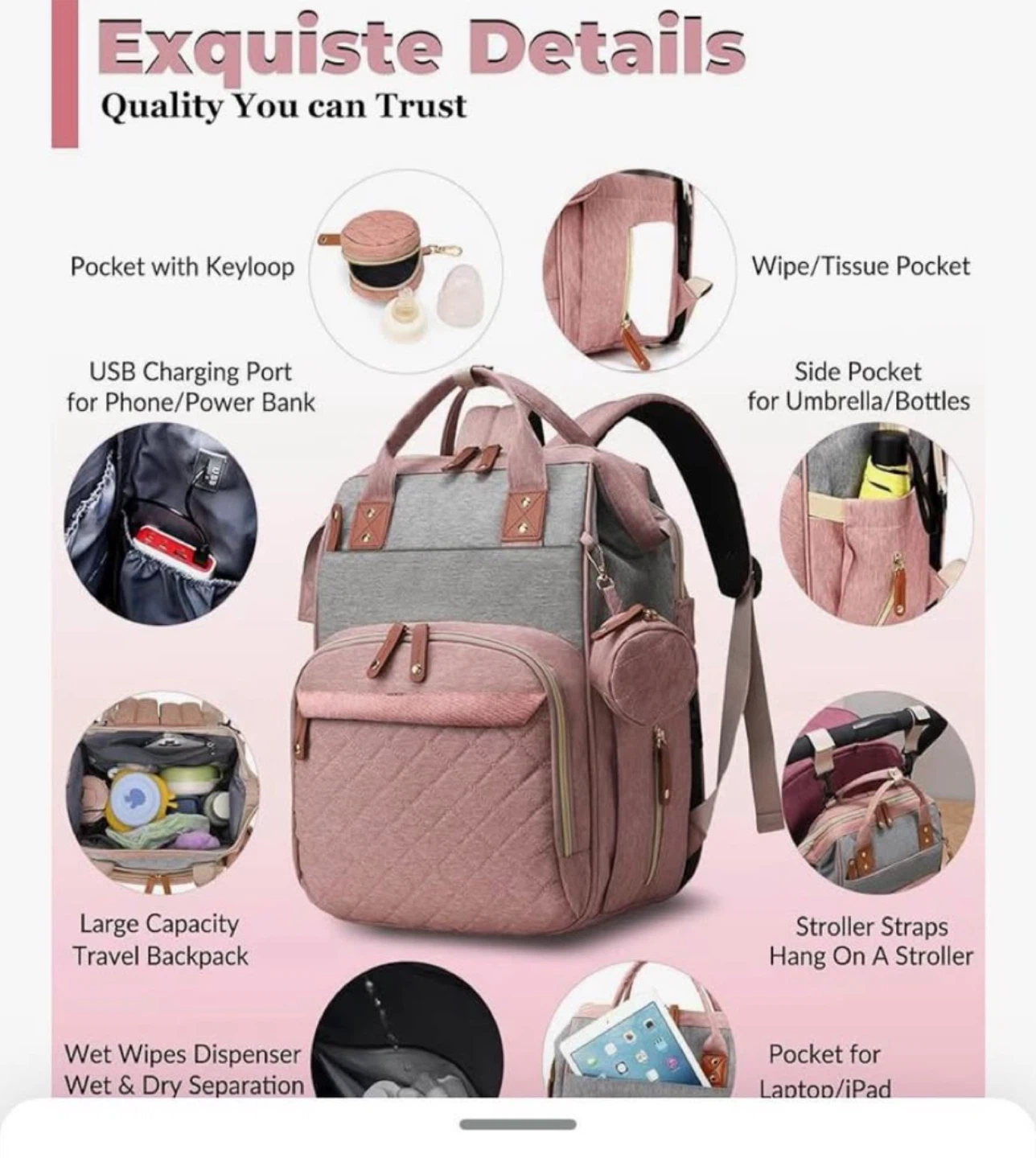 Lamroro Diaper Bag Backpack - Rose & Grey