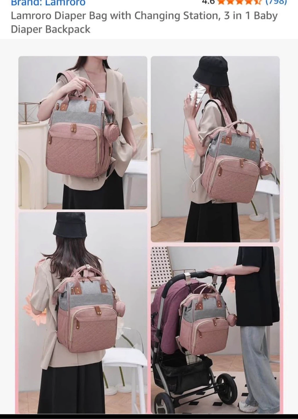Lamroro Diaper Bag Backpack - Rose & Grey - photo 2