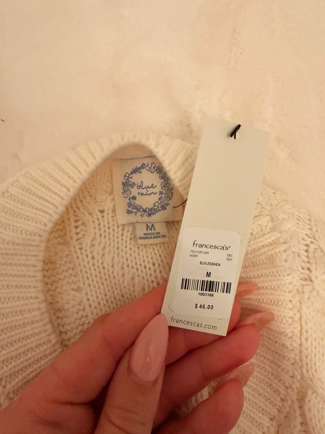 🧡New with tags - Francesca's Cream Cable Knit Top - Size M - photo 3