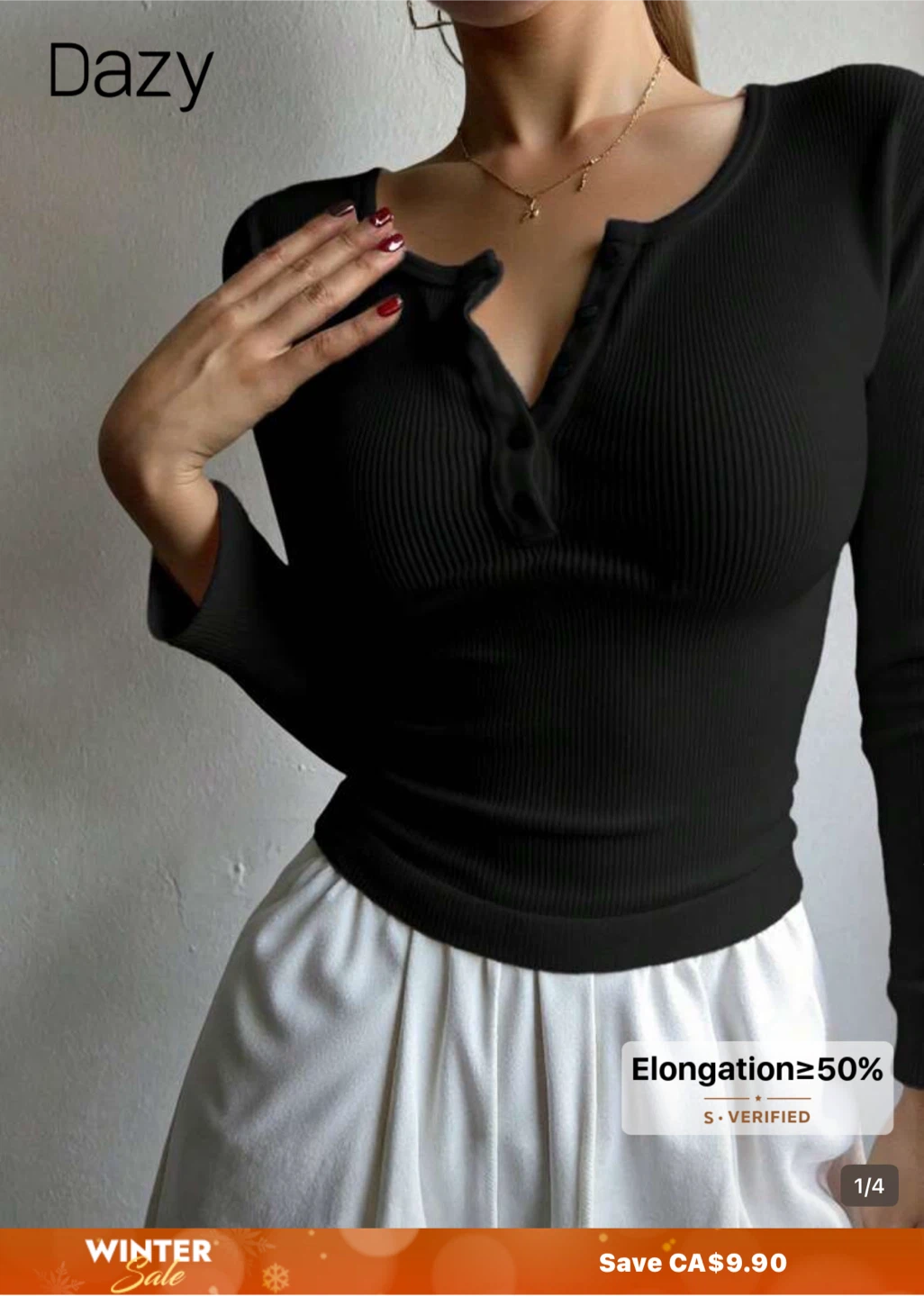 Dazy Black Ribbed Long Sleeve Top - Size S