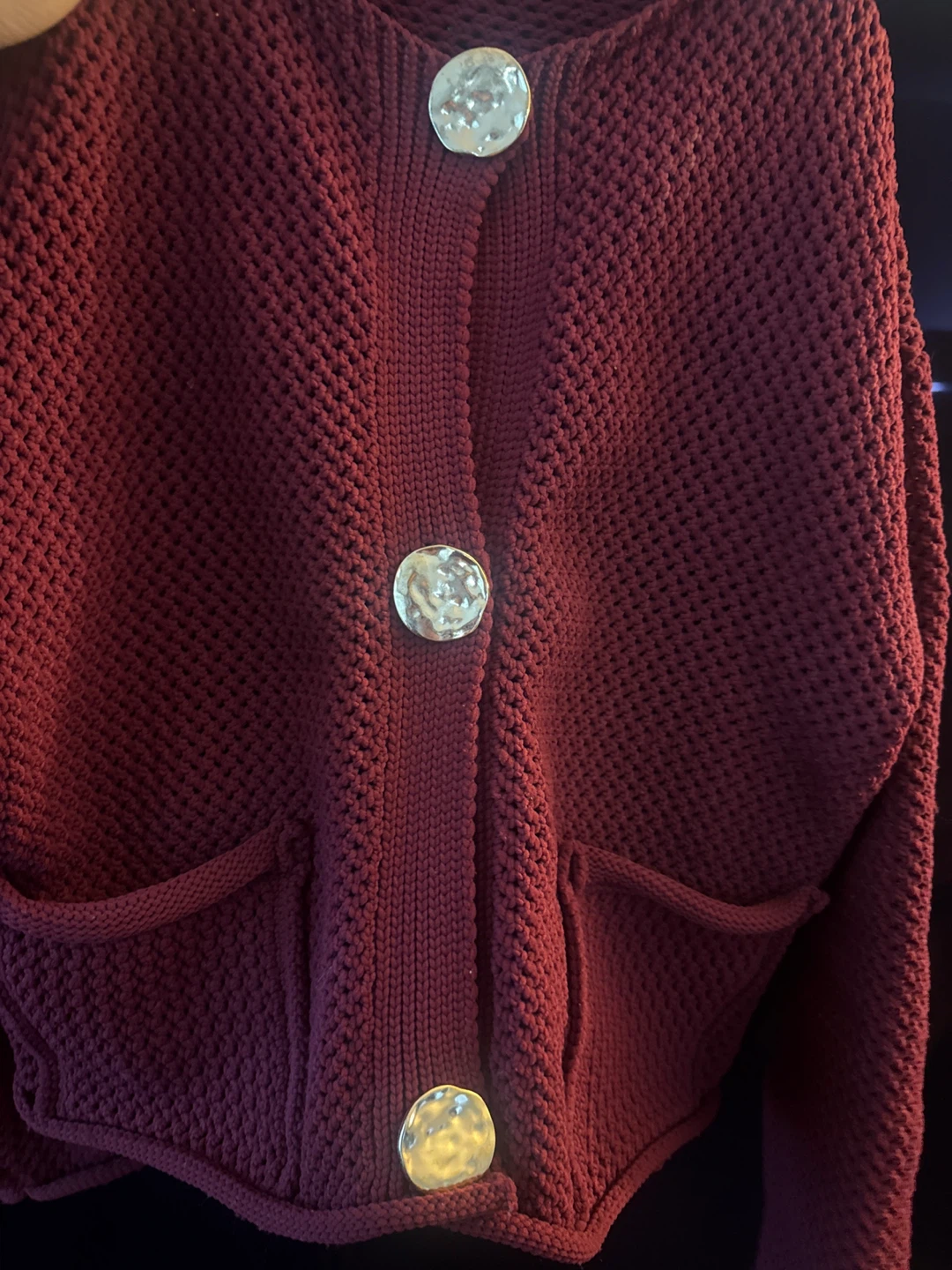 Burgundy Knit Cardigan with Large gold Buttons - photo 5