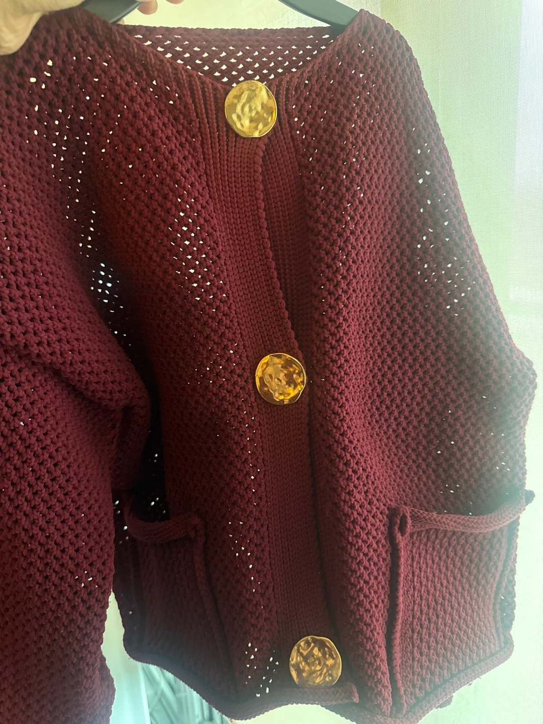 Burgundy Knit Cardigan with Large gold Buttons - photo 3