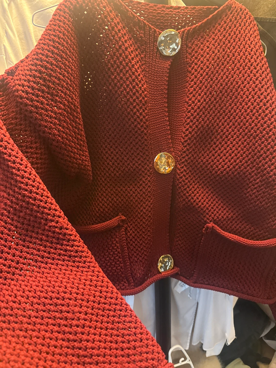 Burgundy Knit Cardigan with Large gold Buttons - photo 2