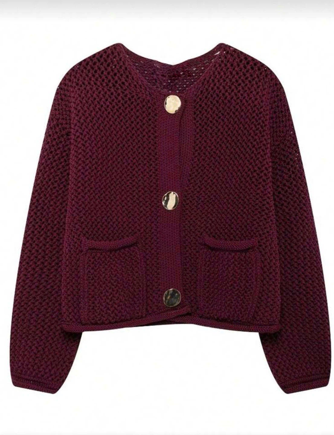 Burgundy Knit Cardigan with Large gold Buttons