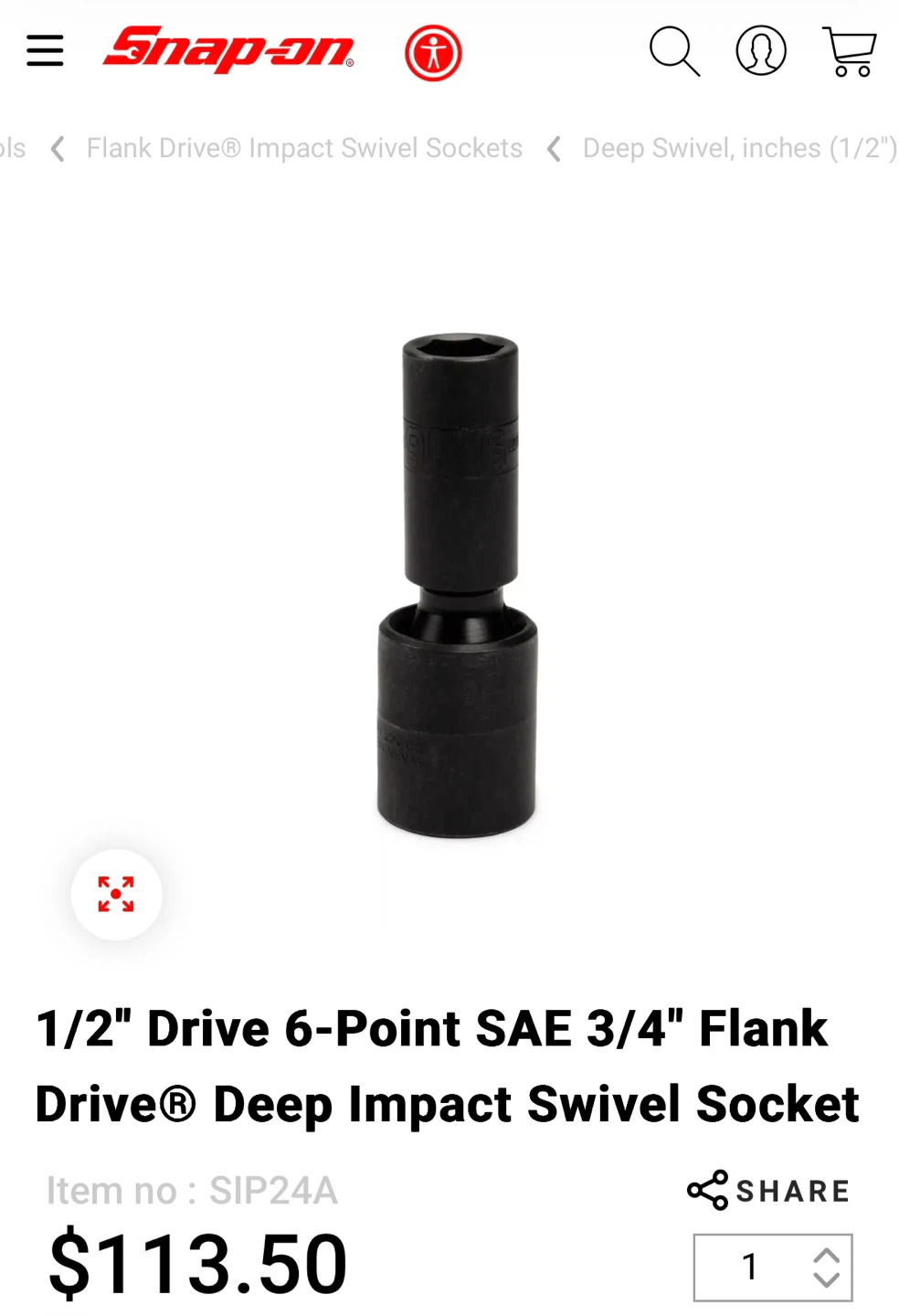 Snap-on 3/4" Flank Drive Deep Impact Swivel Socket - photo 3