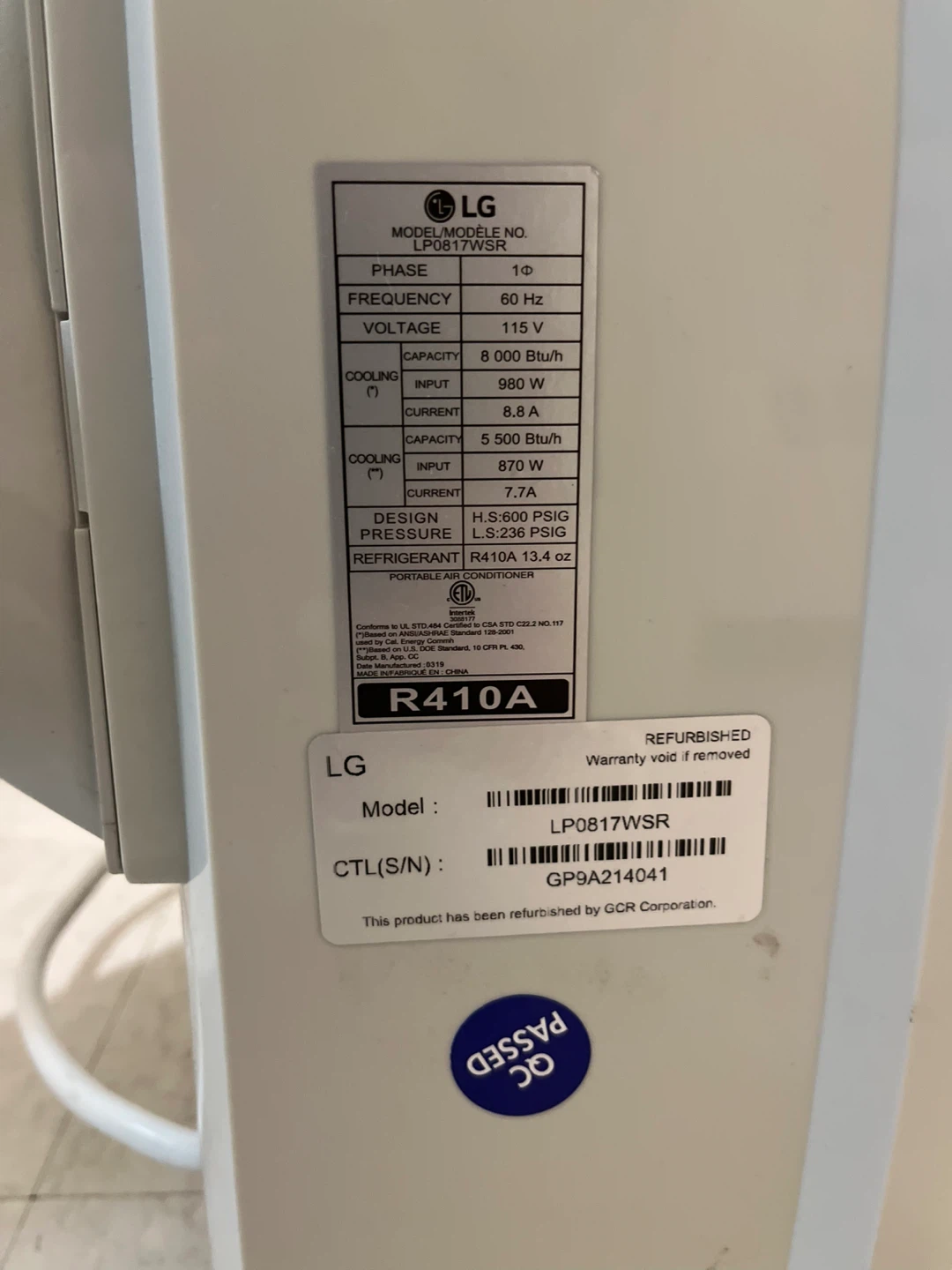 LG Portable Air Conditioner LP0817WSR - photo 5