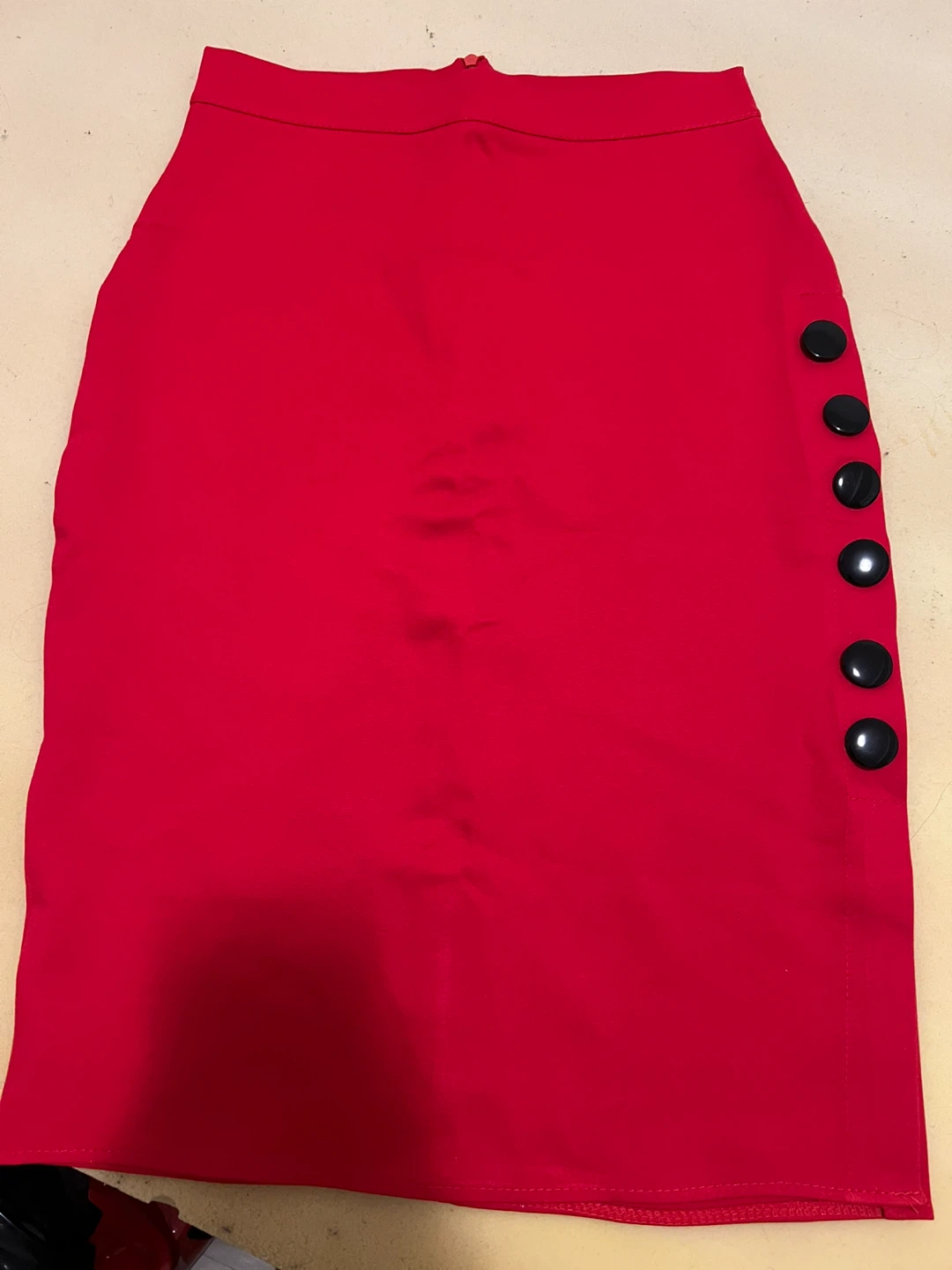 Red Pencil Skirt with Button Detail