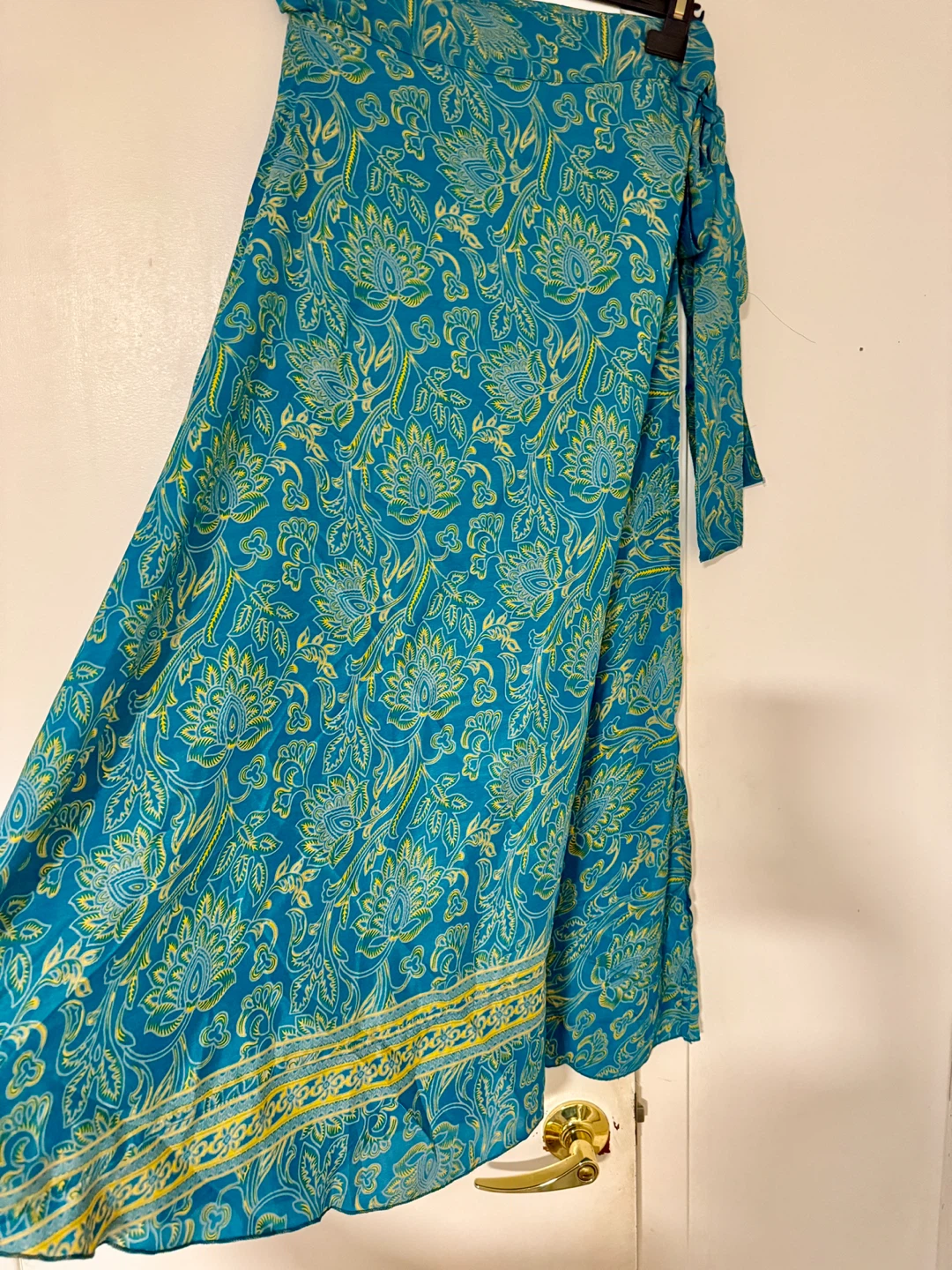 Teal & Yellow Floral Print Silk Wrap Skirt