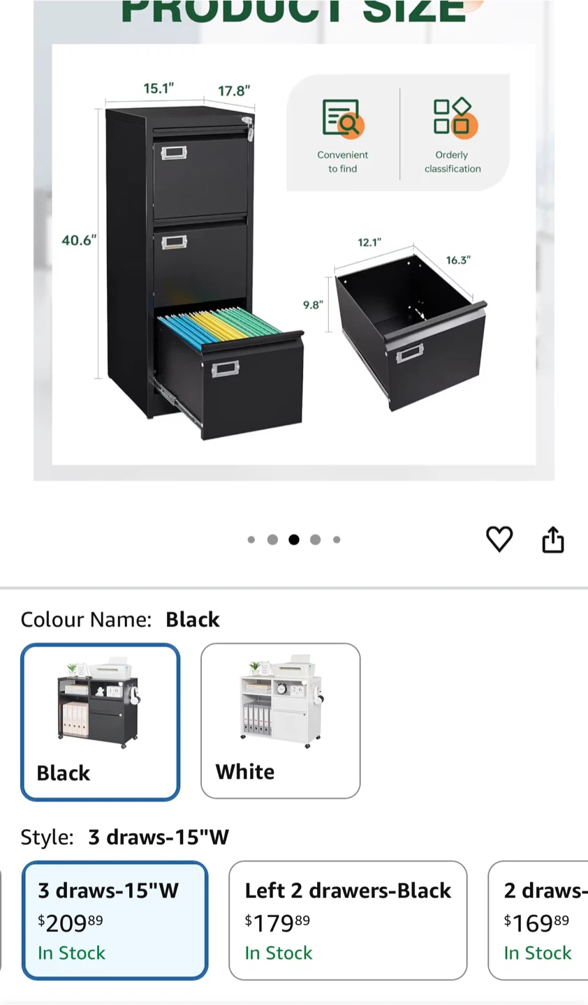 Black 3-Drawer File Cabinet - 15" Wide - photo 4