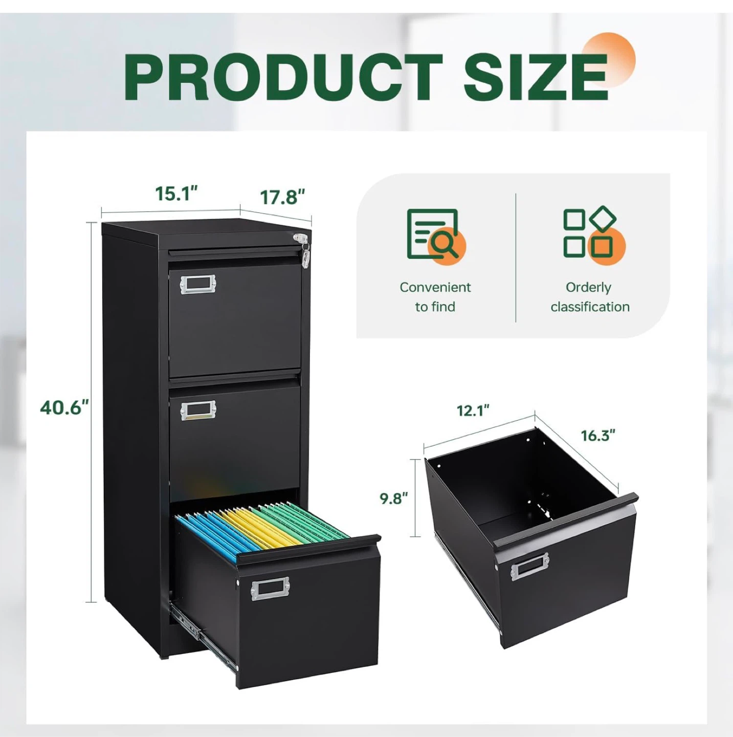 Black 3-Drawer File Cabinet - 15" Wide