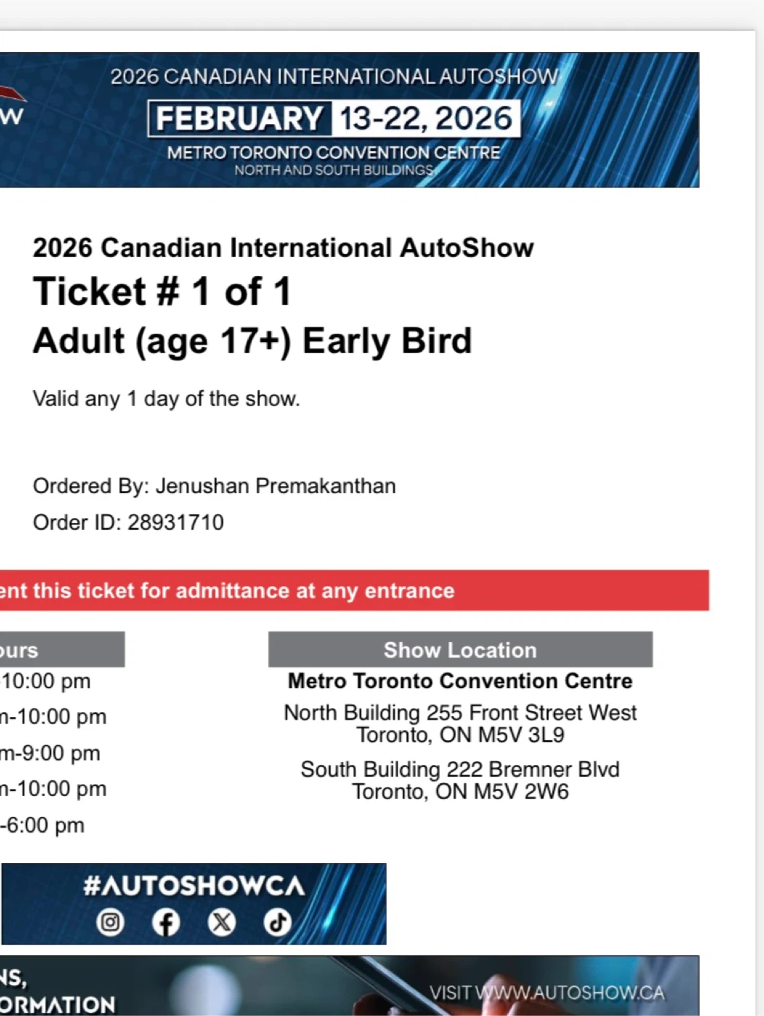 2026 Canadian International AutoShow Ticket