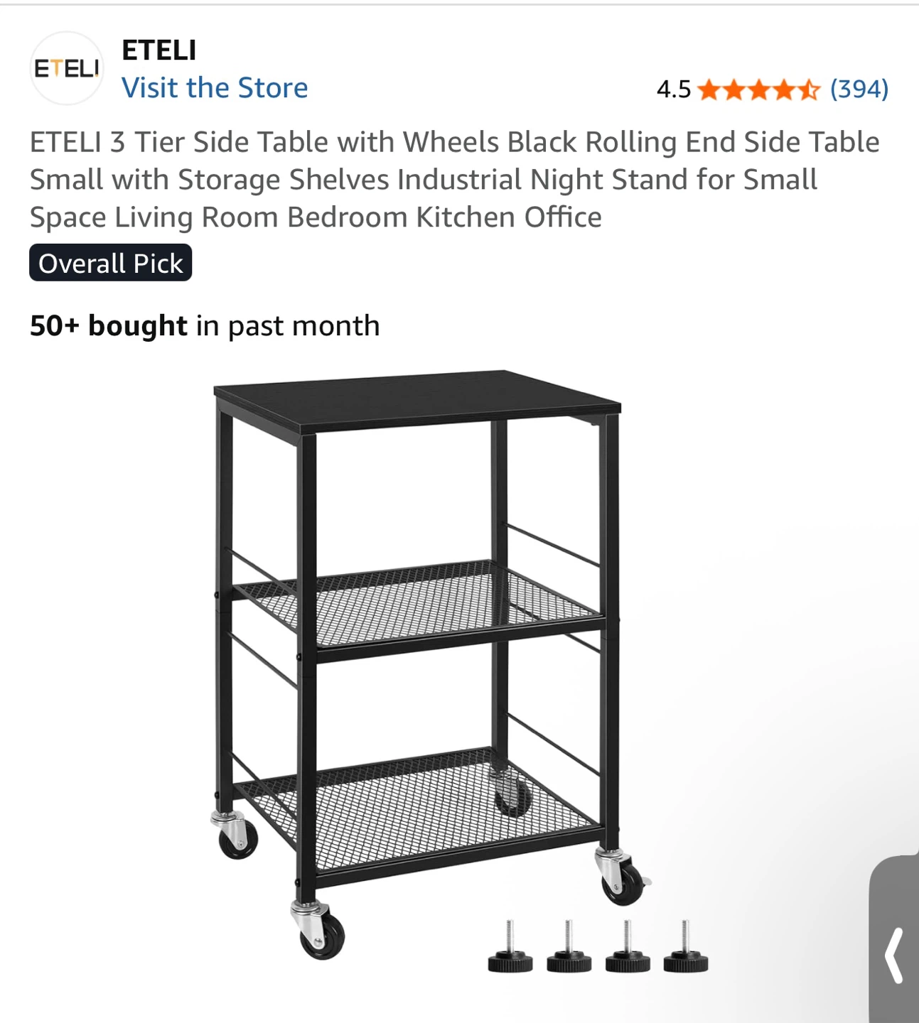 ETELI 3 Tier Black Rolling Side Table - photo 2