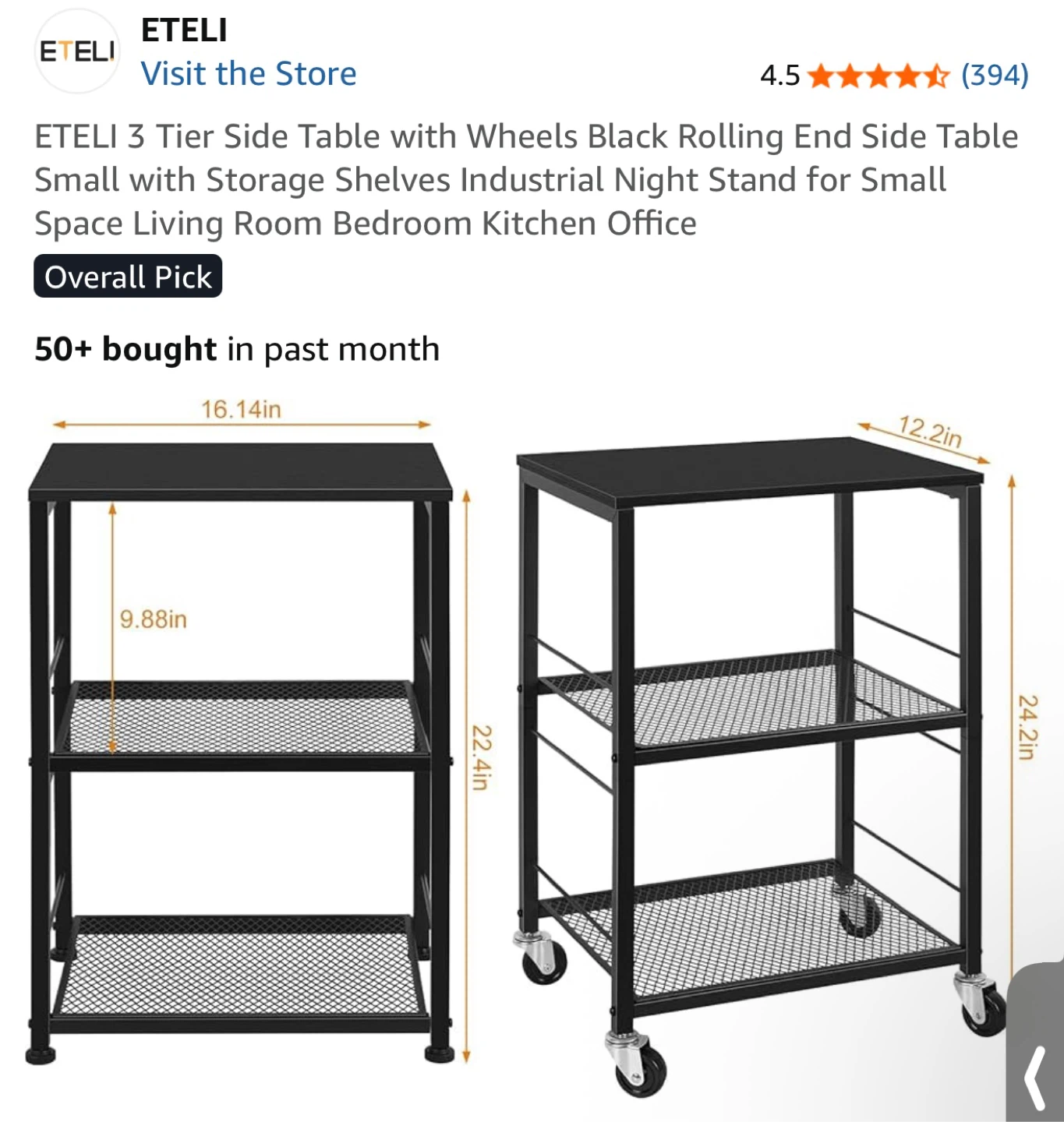 ETELI 3 Tier Black Rolling Side Table