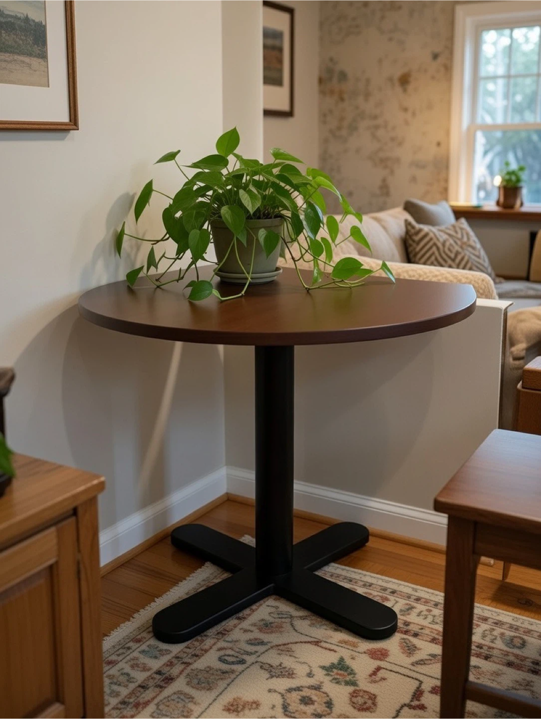 Corner Wooden Table with Metal Base